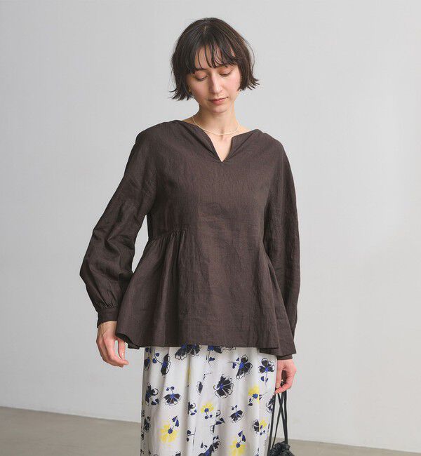 UNITED ARROWS「リネン スキッパー ペプラム ブラウス ‐ウォッシャブル‐」|シャツ・ブラウス|DK.BROWN