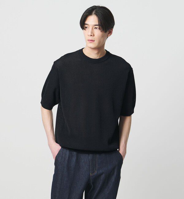 UNITED ARROWS「シャーリーカーン バーズアイ ショートスリーブ クルーネック ニットTシャツ」|ニット・セーター|NAVY