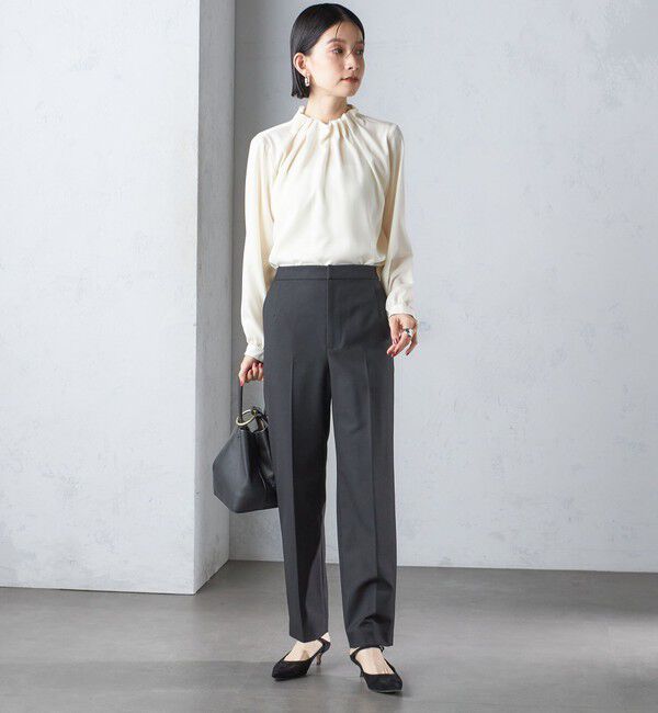 SHIPS for women「〈手洗い可能〉ネック ギャザー ソリッド 起毛 サテン ブラウス」|シャツ・ブラウス|