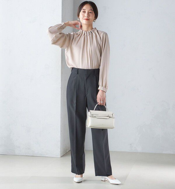 SHIPS for women「〈手洗い可能〉ネック ギャザー ソリッド 起毛 サテン ブラウス」|シャツ・ブラウス|