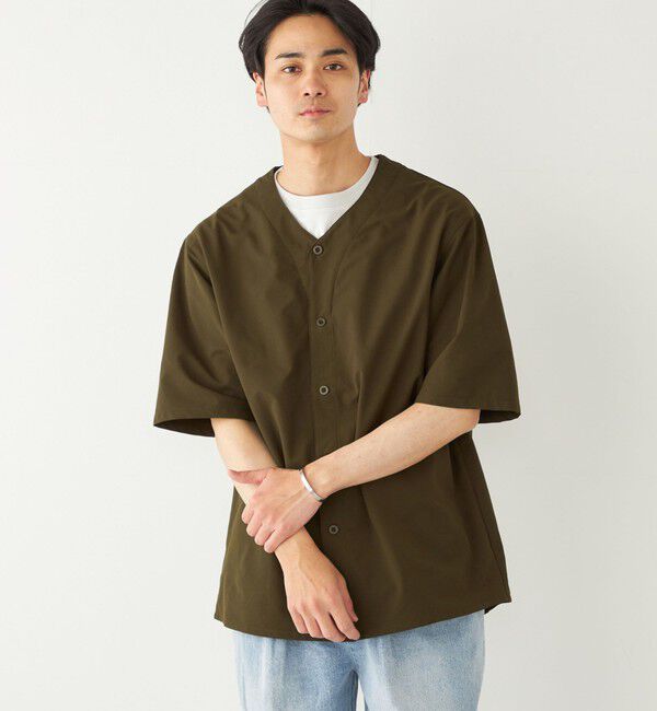 SHIPS Colors 「SHIPS Colors:〈洗濯機可能〉MoveFit(R) ノーカラー ショートスリーブ シャツ」|シャツ・ブラウス|オリーブ