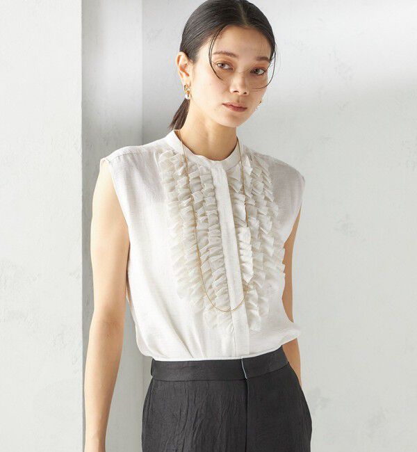 SHIPS for women「〈手洗い可能〉麻混 フロント フリル フレンチスリーブ ブラウス」|シャツ・ブラウス|