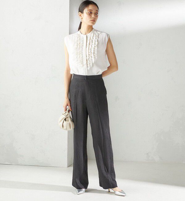 SHIPS for women「〈手洗い可能〉麻混 フロント フリル フレンチスリーブ ブラウス」|シャツ・ブラウス|