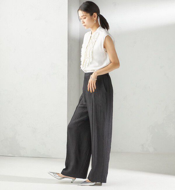 SHIPS for women「〈手洗い可能〉麻混 フロント フリル フレンチスリーブ ブラウス」|シャツ・ブラウス|