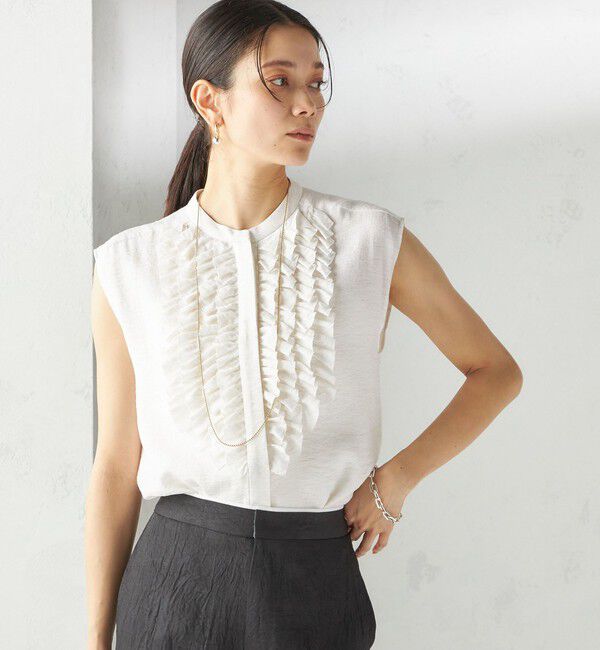 SHIPS for women「〈手洗い可能〉麻混 フロント フリル フレンチスリーブ ブラウス」|シャツ・ブラウス|