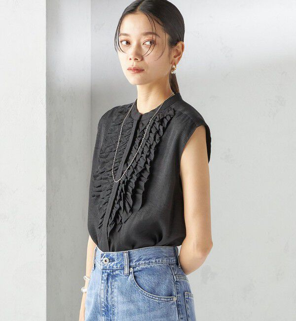 SHIPS for women「〈手洗い可能〉麻混 フロント フリル フレンチスリーブ ブラウス」|シャツ・ブラウス|