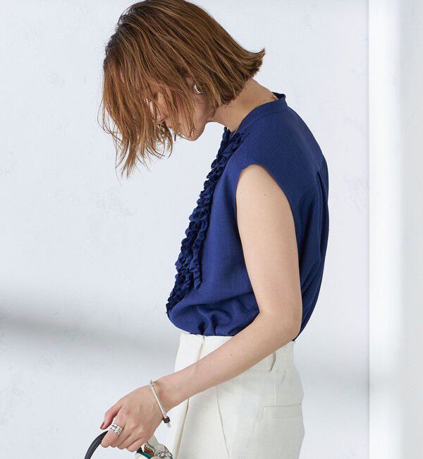 SHIPS for women「〈手洗い可能〉麻混 フロント フリル フレンチスリーブ ブラウス」|シャツ・ブラウス|