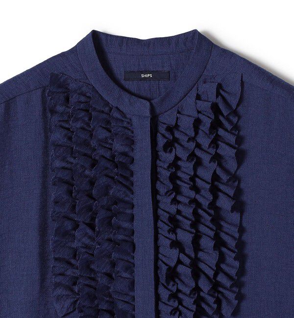 SHIPS for women「〈手洗い可能〉麻混 フロント フリル フレンチスリーブ ブラウス」|シャツ・ブラウス|