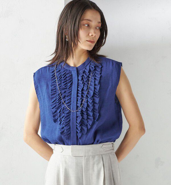 SHIPS for women「〈手洗い可能〉麻混 フロント フリル フレンチスリーブ ブラウス」|シャツ・ブラウス|