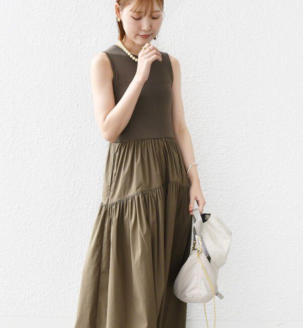 SHIPS for women「〈手洗い可能〉コットン リブ ノースリーブ &times; 布帛 スカート ワンピース」|ワンピース|