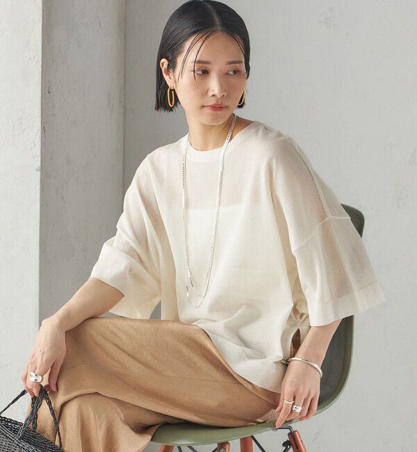 SHIPS for women「〈手洗い可能〉18G フィルミーコットン ワイド ショート スリーブ プルオーバー」|ニット・セーター|