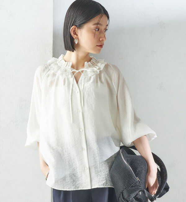 SHIPS for women「〈手洗い可能〉シルク混 シアー フリル ネック ギャザー ブラウス」|シャツ・ブラウス|