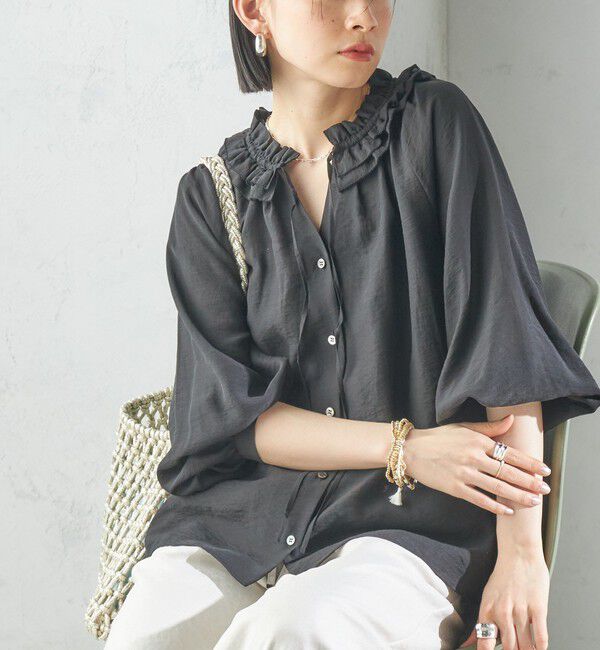 SHIPS for women「〈手洗い可能〉シルク混 シアー フリル ネック ギャザー ブラウス」|シャツ・ブラウス|ブラック