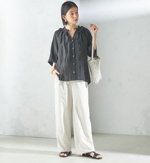 SHIPS for women「〈手洗い可能〉シルク混 シアー フリル ネック ギャザー ブラウス」|シャツ・ブラウス|