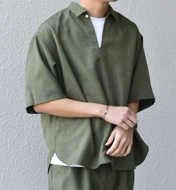 SHIPS any「SHIPS any:〈洗濯機可能〉リネンライク スキッパー プルオーバーシャツ(セットアップ対応)◇」|シャツ・ブラウス|オリーブ