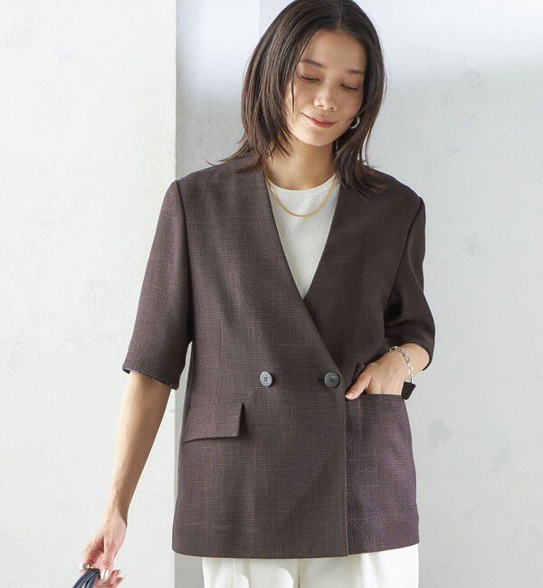 SHIPS for women「〈手洗い可能〉カラミ ノーラペル 半袖 ジャケット」|ノーカラージャケット|