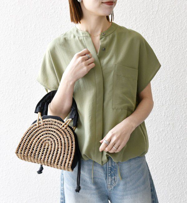 SHIPS any「SHIPS any:〈洗濯機可能〉グロッシー ドロスト バンドカラー フレンチ シャツ」|シャツ・ブラウス|オリーブ