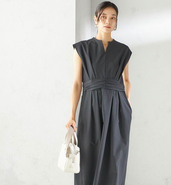 SHIPS for women「〈手洗い可能〉サッカー ストレッチ ドット 無地 フレンチ スリーブ ワンピース」|ワンピース|ブラック