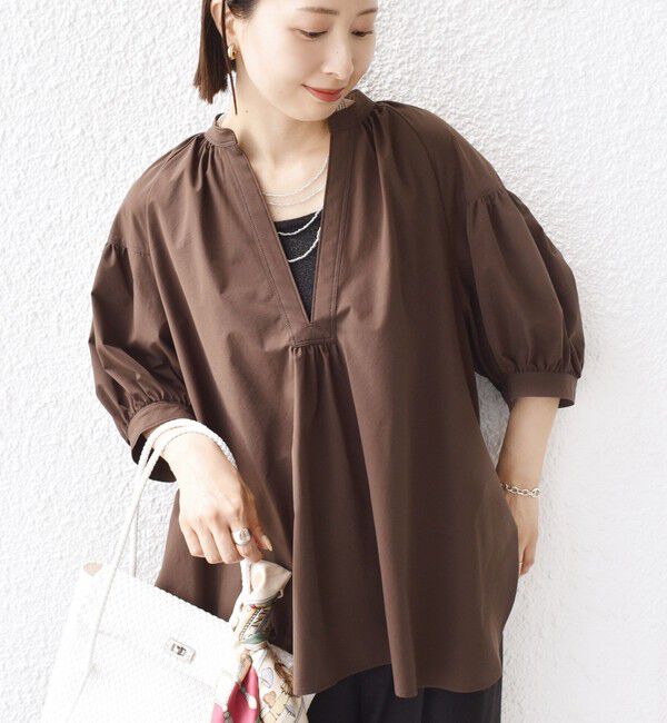 SHIPS for women「〈接触冷感 / 撥水加工〉TEX BRID(R)タフタ スキッパー 5分袖 ブラウス」|シャツ・ブラウス|