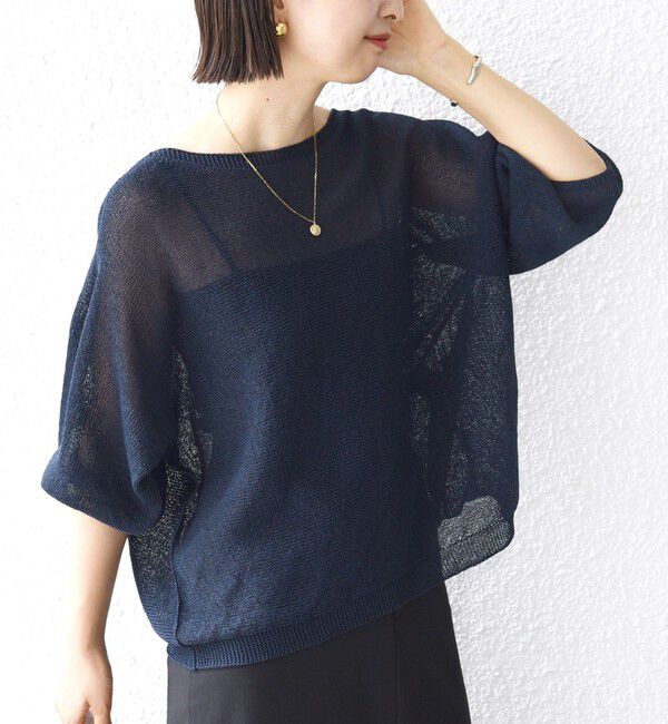 SHIPS for women「〈手洗い可能〉ペーパー パフ スリーブ 半袖 ニット」|ニット・セーター|ネイビー