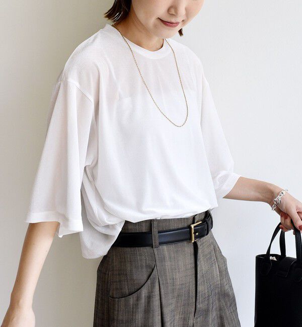 SHIPS for women「〈手洗い可能〉シアー トリコット ポリエステル ベロア 五分袖 ワイド TEE」|Tシャツ・カットソー|オフホワイト