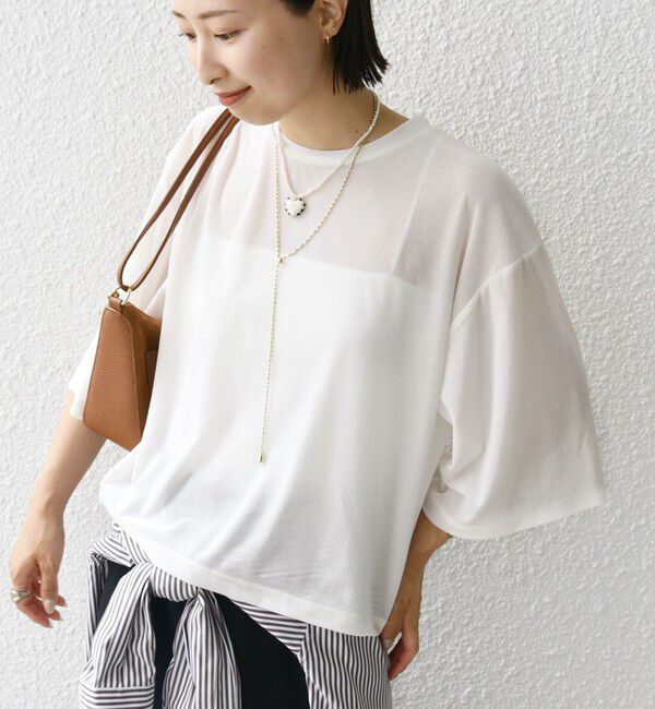 SHIPS for women「〈手洗い可能〉シアー トリコット ポリエステル ベロア 五分袖 ワイド TEE」|Tシャツ・カットソー|