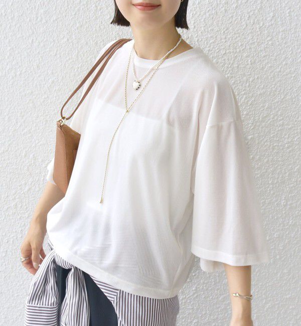 SHIPS for women「〈手洗い可能〉シアー トリコット ポリエステル ベロア 五分袖 ワイド TEE」|Tシャツ・カットソー|