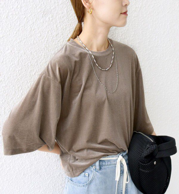 SHIPS for women「〈手洗い可能〉シアー トリコット ポリエステル ベロア 五分袖 ワイド TEE」|Tシャツ・カットソー|