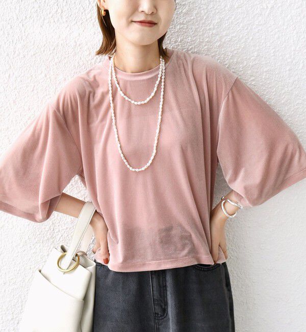 SHIPS for women「〈手洗い可能〉シアー トリコット ポリエステル ベロア 五分袖 ワイド TEE」|Tシャツ・カットソー|