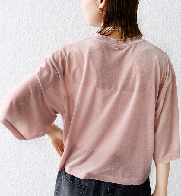 SHIPS for women「〈手洗い可能〉シアー トリコット ポリエステル ベロア 五分袖 ワイド TEE」|Tシャツ・カットソー|