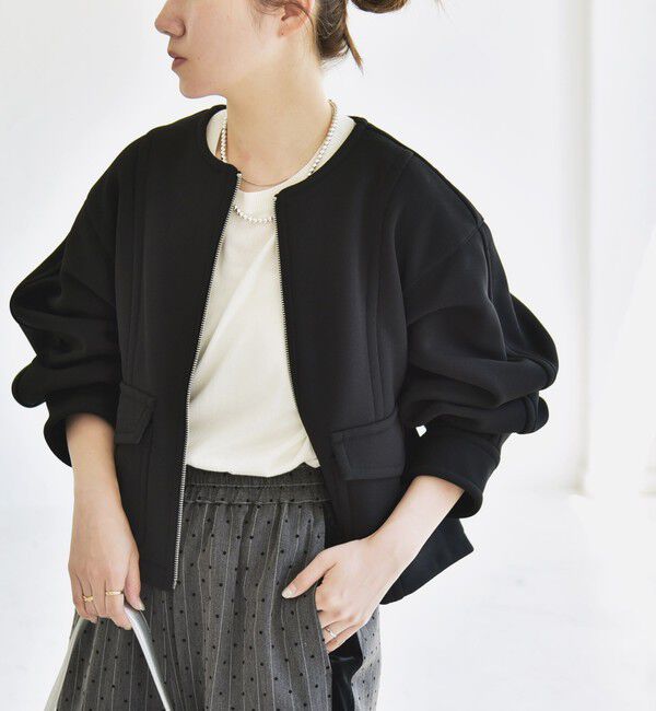 quaranciel「quaranciel:〈洗濯機可能〉ダンボール 裏起毛 ノーカラー コクーン ショート ブルゾン」|ブルゾン・スタジャン|