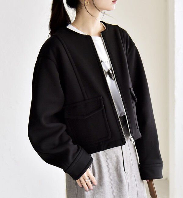 quaranciel「quaranciel:〈洗濯機可能〉ダンボール 裏起毛 ノーカラー コクーン ショート ブルゾン」|ブルゾン・スタジャン|