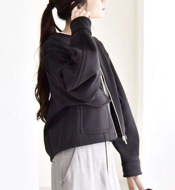 quaranciel「quaranciel:〈洗濯機可能〉ダンボール 裏起毛 ノーカラー コクーン ショート ブルゾン」|ブルゾン・スタジャン|