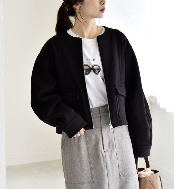 quaranciel「quaranciel:〈洗濯機可能〉ダンボール 裏起毛 ノーカラー コクーン ショート ブルゾン」|ブルゾン・スタジャン|