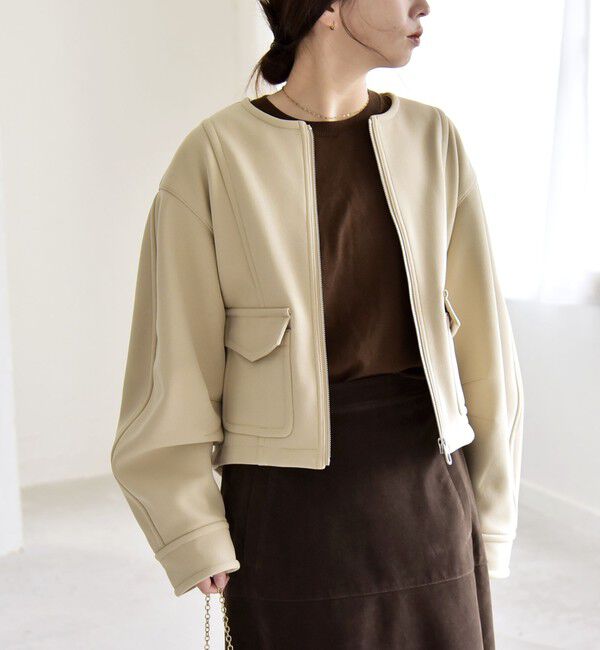 quaranciel「quaranciel:〈洗濯機可能〉ダンボール 裏起毛 ノーカラー コクーン ショート ブルゾン」|ブルゾン・スタジャン|