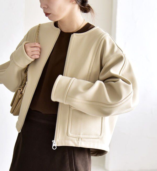 quaranciel「quaranciel:〈洗濯機可能〉ダンボール 裏起毛 ノーカラー コクーン ショート ブルゾン」|ブルゾン・スタジャン|