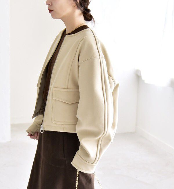 quaranciel「quaranciel:〈洗濯機可能〉ダンボール 裏起毛 ノーカラー コクーン ショート ブルゾン」|ブルゾン・スタジャン|