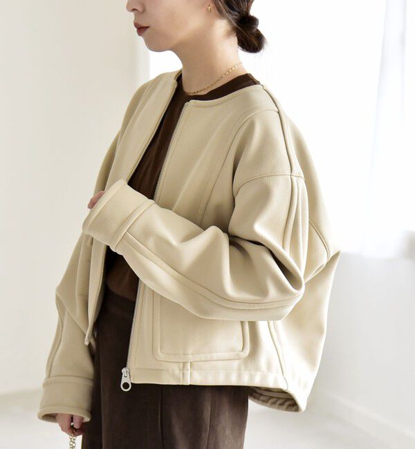 quaranciel「quaranciel:〈洗濯機可能〉ダンボール 裏起毛 ノーカラー コクーン ショート ブルゾン」|ブルゾン・スタジャン|