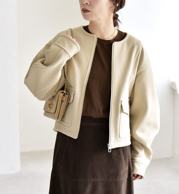 quaranciel「quaranciel:〈洗濯機可能〉ダンボール 裏起毛 ノーカラー コクーン ショート ブルゾン」|ブルゾン・スタジャン|