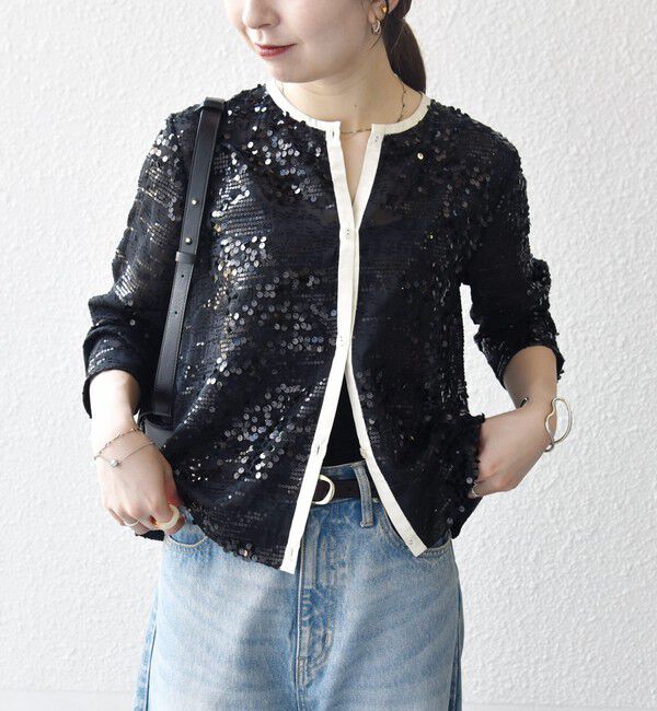 SHIPS any「SHIPS any: スパンコール ジャカード バイカラー クルーネック シャツ カーディガン」|シャツ・ブラウス|