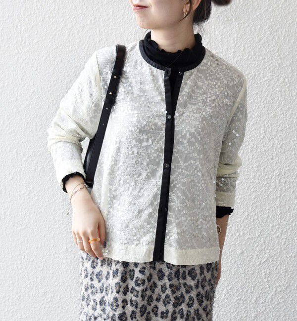 SHIPS any「SHIPS any: スパンコール ジャカード バイカラー クルーネック シャツ カーディガン」|シャツ・ブラウス|