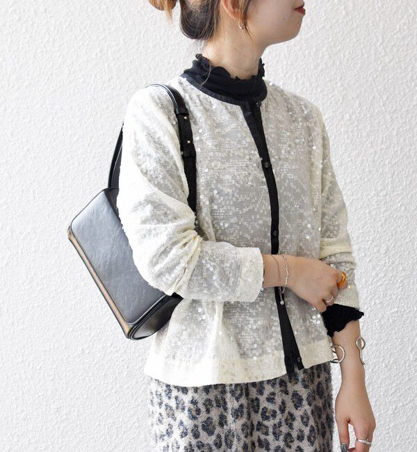 SHIPS any「SHIPS any: スパンコール ジャカード バイカラー クルーネック シャツ カーディガン」|シャツ・ブラウス|