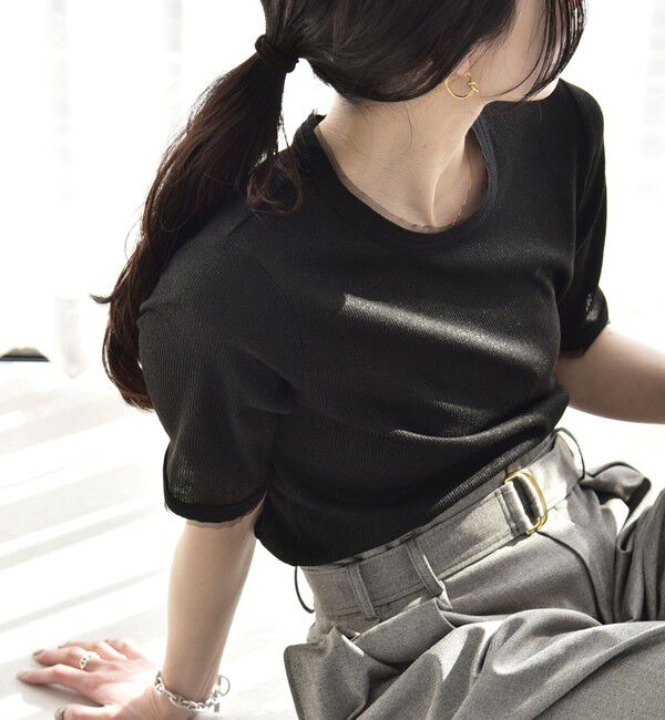 quaranciel「quaranciel:〈手洗い可能〉ラメ チュール リブ コンパクト TEE」|Tシャツ・カットソー|