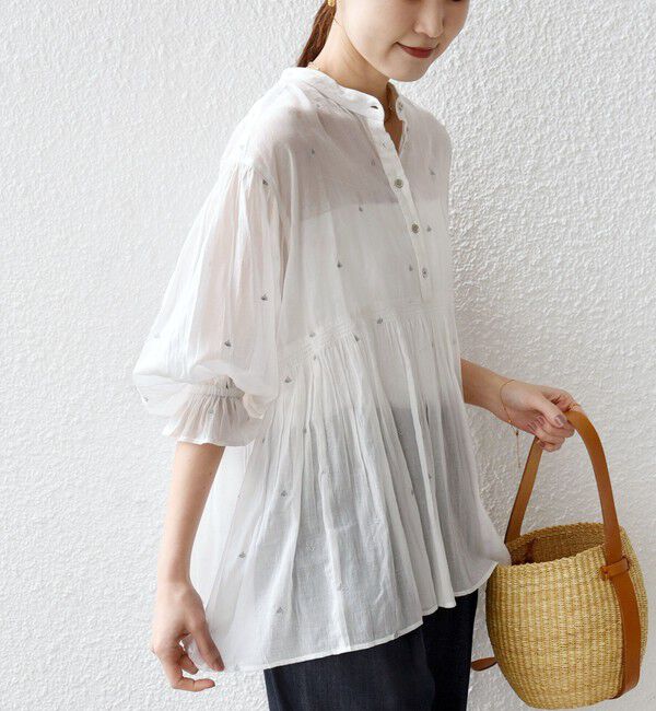 SHIPS for women「《予約》〈手洗い可能〉コットン オーガンジー リーフ 刺繍 袖 フリル ブラウス」|シャツ・ブラウス|