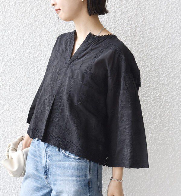SHIPS for women「《予約》〈手洗い可能〉パッチワーク レース ショート スリーブ 羽織 ブラウス」|シャツ・ブラウス|ブラック