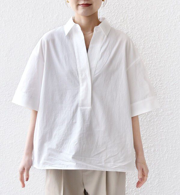 SHIPS for women「《予約》〈手洗い可能〉無地/ストライプ スキッパー サイド スリット 半袖 シャツ」|シャツ・ブラウス|