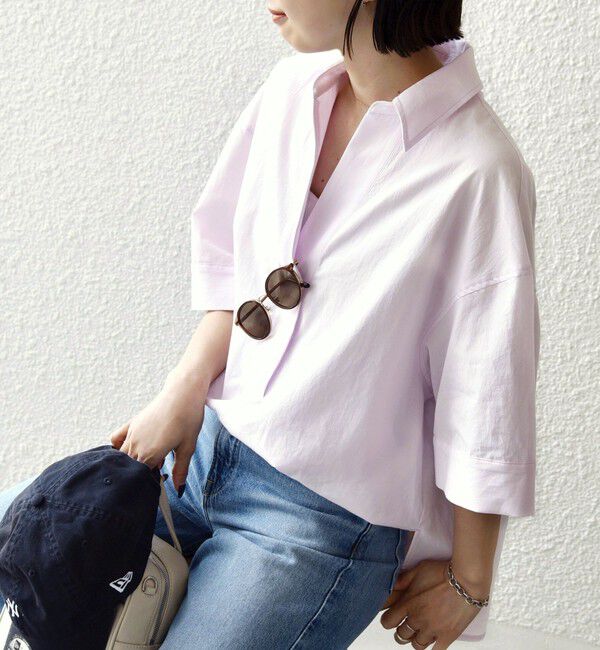 SHIPS for women「《予約》〈手洗い可能〉無地/ストライプ スキッパー サイド スリット 半袖 シャツ」|シャツ・ブラウス|ライトピンク