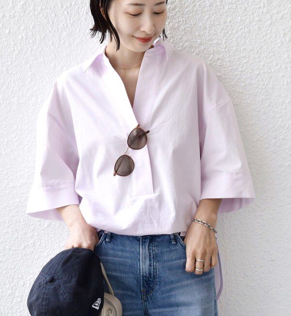 SHIPS for women「《予約》〈手洗い可能〉無地/ストライプ スキッパー サイド スリット 半袖 シャツ」|シャツ・ブラウス|