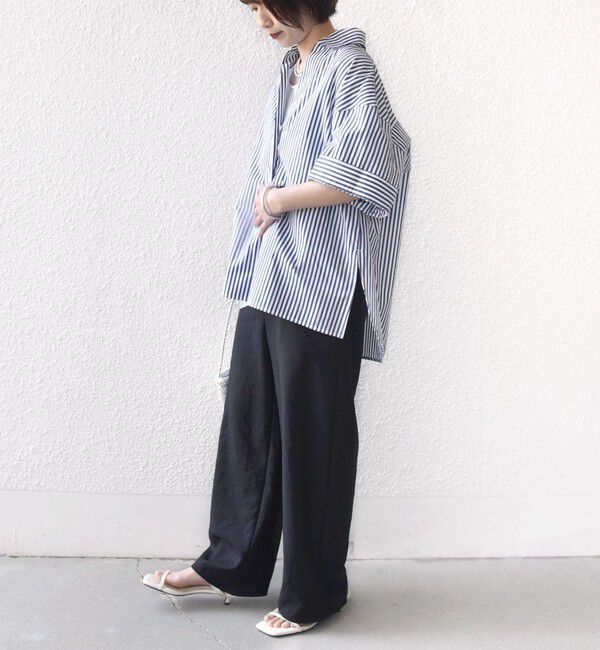 SHIPS for women「《予約》〈手洗い可能〉無地/ストライプ スキッパー サイド スリット 半袖 シャツ」|シャツ・ブラウス|