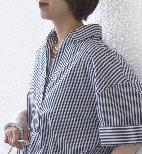 SHIPS for women「《予約》〈手洗い可能〉無地/ストライプ スキッパー サイド スリット 半袖 シャツ」|シャツ・ブラウス|